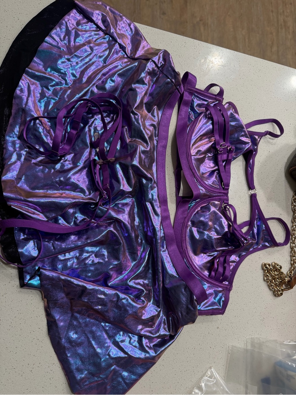 Purple Iridescent Satin Bra and Slip Set - Women Intimates